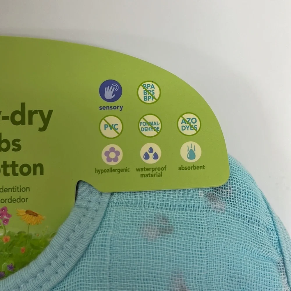 Muslin stay-dry teether bibs. 1696